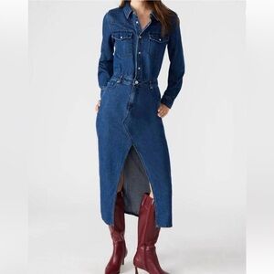 Steve Madden Dakota Denim Western Chic Maxi Dress Front Slit NWT